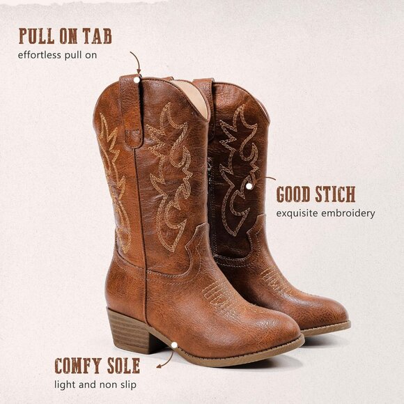 Kids Brown Cowboy Boots Pointed Toe Mid Calf Western Youth Horse Riding - Picture 6 of 7